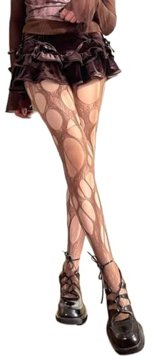 Mrotrida kvinnors rippade nätstrumpbyxor oregelbundna nötta hål nät tights strumpor Y2k spets genomskinliga strumpbyxor, Brun, one size