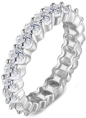 KnSam Trauringe Sterlingsilber S925, Klassiker Bohrreihe Freundschaftsringe Silber 925 mit Zirkonia Oval, Verlobungsring Sterling Silber für Damen, Silber, Gr.54 (17.2)