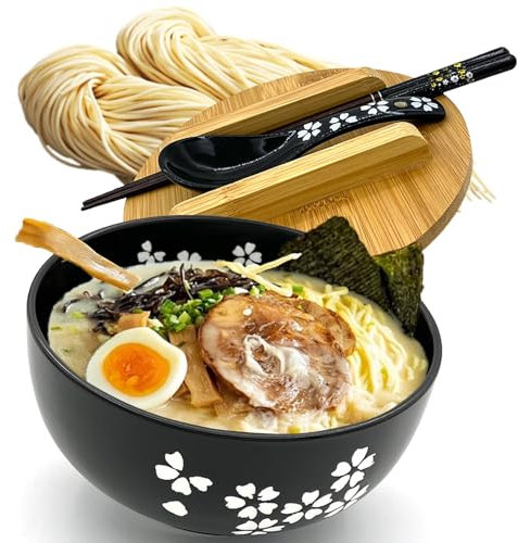 Ramen Bowl Set di ciotole in ceramica, ciotola istantanea con coperchio, bacchette da zuppa, stoviglie asiatiche Pho, ciotole per insalata, ciotole per cereali, noodle giapponesi, nero