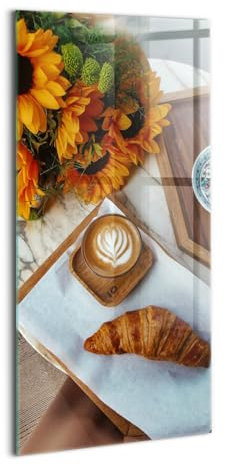 Wallfluent Gehärtetes Glas Dicke 4mm Für die Küche Badezimmer und Schlafzimmer Glasbild 70x140cm Wanddekoration Wandbild Bild Mit Motiv - Französisches Croissant und Kaffee