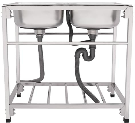OUKANING Freistehende Edelstahl Spültisch Gastro 2 Becken 83.1x43.9x77cm, Tragfähigkeit 75kg, Einstellbare Höhe 3cm, Multifunktions Edelstahl Waschtisch Outdoor/Indoor