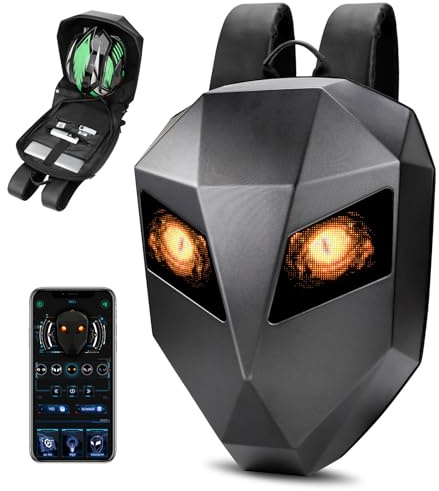 WPFAEU Sac a Dos Moto, Sac à Dos LED Etanche- Sac à Dos Moto Yeux LED-Connectivité Bluetooth,Texte/Image/animation Gif