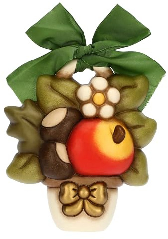 THUN, Formella Vasetto con Castagne, Mela e Fiore in Ceramica e Nastro, Linea AbbracciAMI, Formella da Collezione, Idea Regalo per Natale, 13.2 x 15 x 3.9 cm