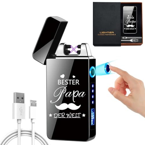 LOMUG USB Elektronische Feuerzeug für Papa, USB Aufladbar Elektro Lichtbogen Feuerzeug mit Beste Papa der Welt Gravur,Feuerzeug Personalisierte Papa mit Batterieanzeige(Schwarz)
