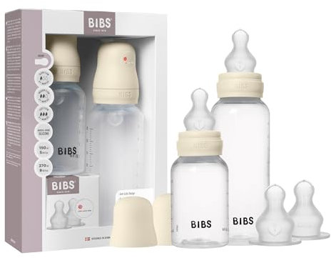 BIBS Baby Bottle Grow & Flow Starter Kit Silicone - Anti-Colic, BPA-Free, Round Nipple, Slow/Medium/Fast Flow, Lightweight & Easy to Clean, Suitable for Newborns 0+ Years - Ivory
