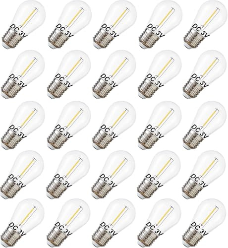 abulber DC 3V Low Voltage Solar String Light Bulbs, Only for 3V DC, Burn Out at 120V, Shatterproof Waterproof S14 LED Bulbs, E26 Base, 1W Warm White 2700K, 25 Pack