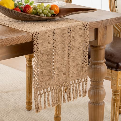 Boho Leinen Tischläufer Herbst Winter Deko Tischlaufer Braun mit Quasten Vintage Makramee Tischläufer für Landhausstil Hochzeit Geburtstag Festlich Heim Küche Kaffee Tisch Dekoration, 30 x 140 cm