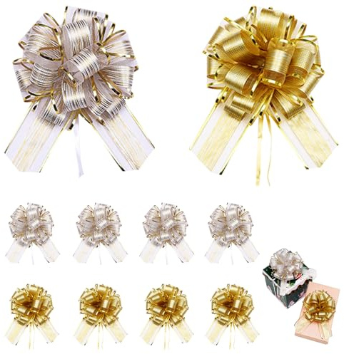 ZITUZY 10 Stück Große Ziehschleife, 17 cm Ziehschleife Geschenk Schleife, Weisse Dekoschleife, Geschenkschleife Groß für Basteln, Hochzeiten, Geburtstage, Geschenk, Bonbontüten, Partys (Gold+Weisse)