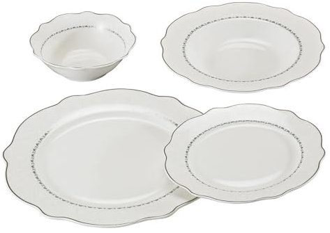 Service de table 24 pièces en porcelaine pour 6 personnes en blanc avec bordure argentée