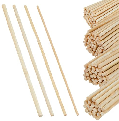 DICOSMETIC 220 tacos de madera, 4 tamaños, varillas de madera, varillas redondas de bambú para manualidades, tacos de madera natural para manualidades y proyectos de bricolaje, 1/8-1/4 x 8 pulgadas