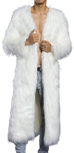 Manteau long et chaud à poils longs pour homme - Manches longues - Faux renard - Vêtement d'extérieur - Hiver - Mode - Manteau épais en fourrure moelleuse, blanc, 3XL