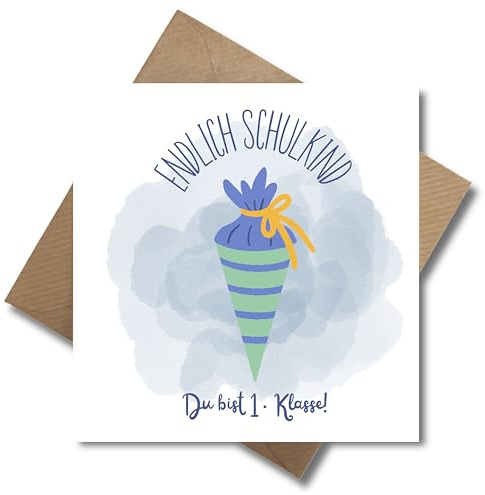 WBdesignz Quadratische Einschulungskarte – Endlich Schulkind – Du bist 1. Klasse! – Glückwunschkarte zum Schulanfang – mit Schultüte – 125 x 125 mm inkl. Umschlag