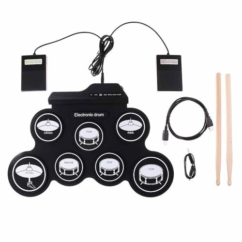 NEWFUN Schlagzeug Elektronisch, Elektronisches Schlagzeug, E Drum, Elektronisches Schlagzeug, Roll-up Drum Practice Pad mit 7 Silikon Schlagzeug Pads mit Mallets und Fußpedal