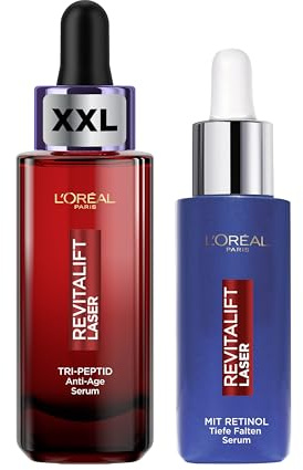 L'Oréal Paris Revitalift Laser Anti-Aging Set – Tri-Peptid Serum & Retinol Nachtserum mit Hyaluronsäure, Vitamin C & Retinol – Strafft, hydratisiert & mildert Falten – 2er-Set