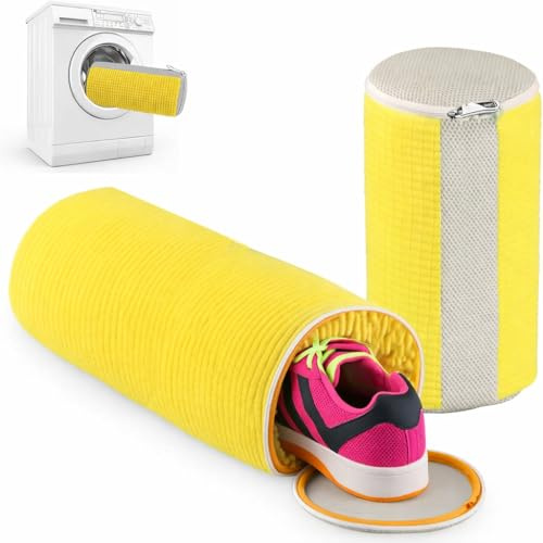 2Pcs Shoe Washing Machine Bag | Reusable Laundry Bags for Sneakers & Trainers | 360° Wrap-Around Fluffy Fiber Cleaning | Durable Zippered Shoe Wash Pouches for Machine Use (Yellow & Grey)