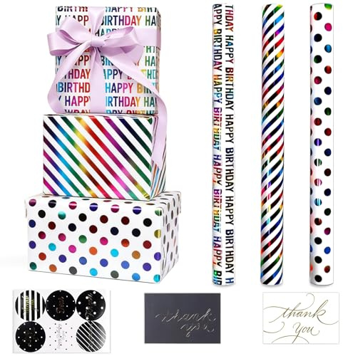 3 rullar presentpapper, födelsedagspresentpapper, med varmprägling (het stämpling), flerfärgade, mått: 43 x 300 cm per rulle, hög kvalitet och extra tjockt, inklusive gratulationskort.