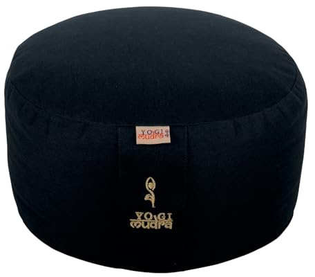 Yogakissen rund 33x20cm – Meditationskissen mit Bio-Dinkelfüllung aus Deutschland, waschbarer Bezug aus 100 % Baumwolle, mit Tragegriff, Kordelzug, Flap & Inlett mit Reißverschluss (Schwarz)