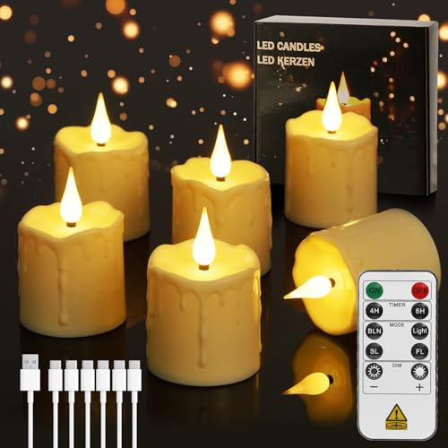 HoneTeek Wiederaufladbare Teelichter Kerzen mit Fernbedienung, 6 Stück Teelichter Kerzen batteriebetrieben mit Timer & USB-Kabel, flammenlose Teelichtkerze für Halloween, Zuhause, Weihnachtsdekoration