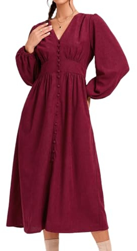 Womens Corduroy Midi Dresses Button Up A Line Puff Sleeve 2025 Wedding Guest Maxi Dress Red