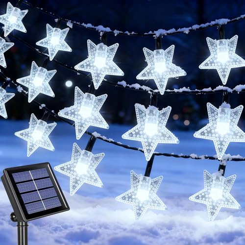 Qoosea Solar Lichterkette Aussen, 12M 100 LED Sterne Weihnachtsbeleuchtung mit 8 Modi & Timer, Wasserdicht Solar Sterne Lichterketten Weihnachtsdeko Aussen für Balkon Garten Dekoration-Weiß