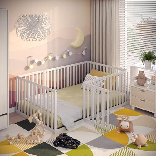 CADANI TESO Kinderbett 120x200 cm – 2-in-1 Bodenbett und Laufgitter mit Tür | Montessori Bett aus Kiefer Massivholz, geprüft nach EN 12227, mit Rausfallschutz und Lattenrost, in 6 Varianten aufbaubar