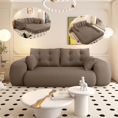 79 Modern Brown Teddy Convertible Futon Couch Sofa Bed, 3 in 1 Pull Out Memory Sleeper Cloud Sofas, Double Full Size Boneless Love Seat Beds for Living Room Dorm, Apartment,Bedroom (Brown)