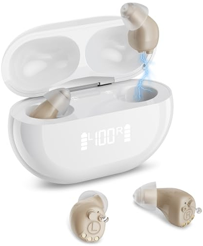 Hearing Aids, Invisible Rechargeable Digital Hearing Aids for Seniors with 16-Channel Sound Processing Noise Cancelling OTC Auto-On/Off (Beige)