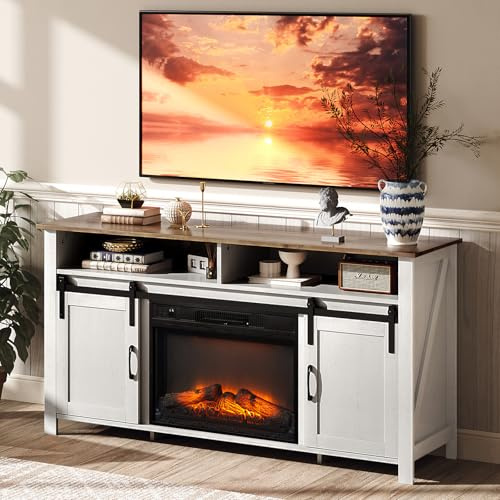 Bonnlo TV Stand Cabinet for 23 Fireplace, Rustic TV Unit for Living Room, Under TV Cabinet Suitable for 70'' TV, with Open Compartments, 2 Doors