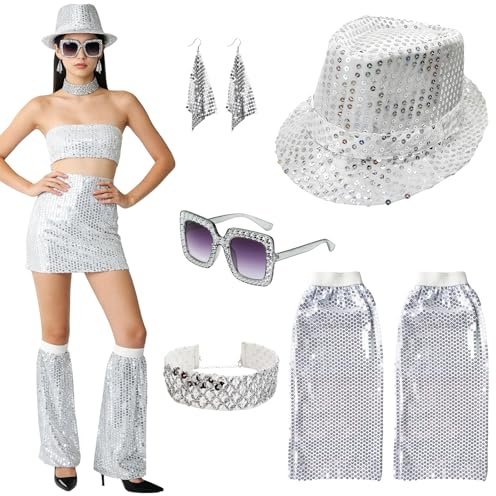 5 Stück 1970er Jahre Disco Accessoires, 70er Jahre Glitzer Accessoires karnevalskostüme damen mit Pailletten Fransenohrringe Sonnenbrille Ärmelwärmer Baskenmütze Halskette für Fasching Party Karneval