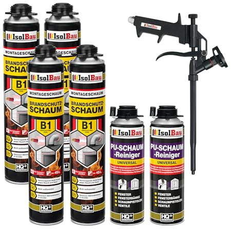 Isolbau - Bauschaum B1 - Montageschaum - PU-Schaum 4 x 750 ml - Pistolenschaum, 2 x PU-Schaum-Reiniger & 1 x Schaumpistole - 1K Brandschutzschaum - Dämmschaum - Abdichtung, Wärmedämmung