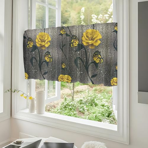 Fasbuy Modern Scheibengardine Küchengardinen Bistrogardine 1 Stück, Wohnzimmer Küche Küchengardinen kurz mit Stangendurchzug für Bauernhaus Gardinen (Gelbe Rosen,120x60cm)