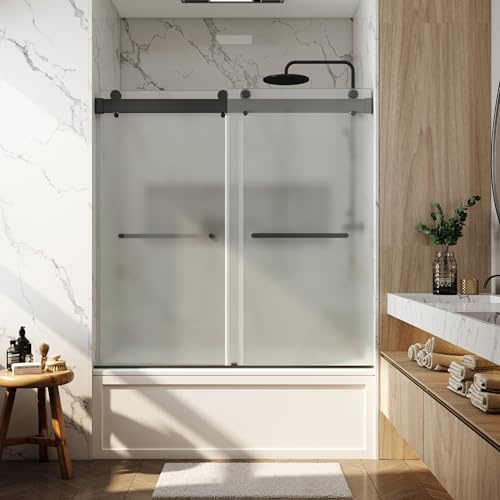 FEKEWIO Bathtub Shower Doors Soft Close 56-60 W x 66 H Ultra-Clear Single Sided Frosted Double Sliding Frameless 3/8(10mm) Temperedd Glass with Towel Bar Handle (Matte Black)