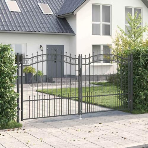 Grey Steel Fence Gate with Elegant Spear Top Design, 305 x 198 cm Outdoor Metal Garden Gate, Durable Driveway Entry with Secure Sliding Bolt Lock