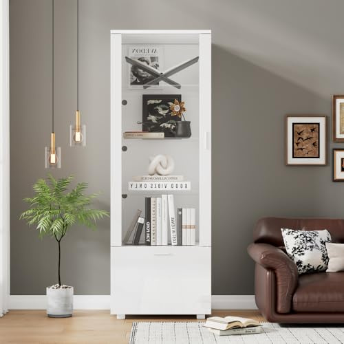 TOUSUNCO Moderne Vitrine Weiß Hochglanz 160cm Hochschrank LED Beleuchtung Acryltür, Sammlervitrine Glasboden Standvitrine Wohnzimmerschrank Bücherregal Ausstellungsschrank
