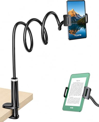TRYONE Support Tablette et Kindle à Col de Cygne, Base Rotative 360°, Bras Flexible Long, Compatible iPad Pro, Kindle, Galaxy Tab et Appareils 4,7-12,9 Pouces