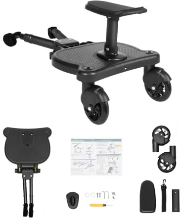 Universal Buggy Board, 25KG Tragkraft Schwarz Faltbar Abnehmbarer Kiddyboard Trittbrett Rollbrett Mitfahrbrett mit Sitz Kinderwagen Organizer Aufhängegurt für Kinder Von 2-6 Jahren Kinderwagen