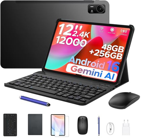BIRDCLAW P12 Pro Tablette 12 Pouces, 12000 mAh Tablette Android 16, 48Go RAM+256Go ROM/2To TF, T7300 Octa-Core, Gemini AI, 2,4K/120Hz, 13MP, 4G LTE/Face ID/OTG/GPS/FM, Tablette avec Clavier et Stylet