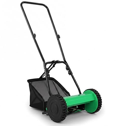 GYMAX Tagliaerba Manuale in Metallo Antiruggine, Tosaerba a Spinta con Ruote Grandi, 18,5 L Cesto di Raccolta e Lame Larghezza di Taglio 30 cm, Altezza di Taglio Regolabile, per Giardino e Prato