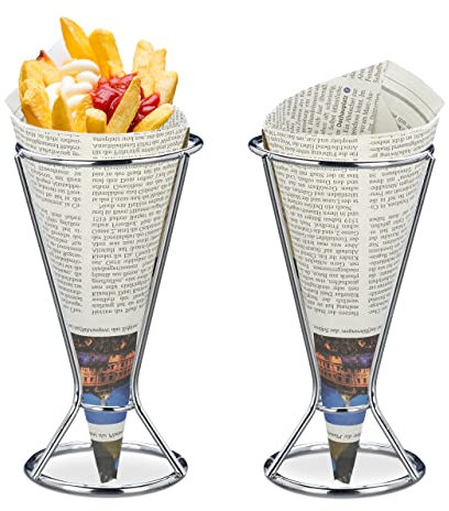 Relaxdays Pommeshalter 2er Set, Edelstahl, für Spitztüten mit Pommes, Chips, Gemüse, Snackhalter, HD 16 x 9,5 cm, silber