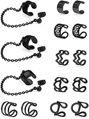 SCERRING Ear Cuff Fake Lip Helix Cartilage Clip On Wrap Earrings Non Piercing Earring Jewelry Set For Women Stainless Steel 15PCS Black