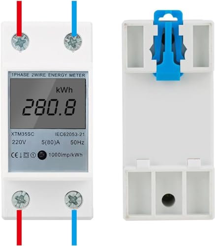 Heaveant Electric Meter, 220V 5(80) A Digital Energy Meter 1 Phase 2P DIN Rail Electronic KWh Meter LCD Display Voltage Current Power Factor Meter