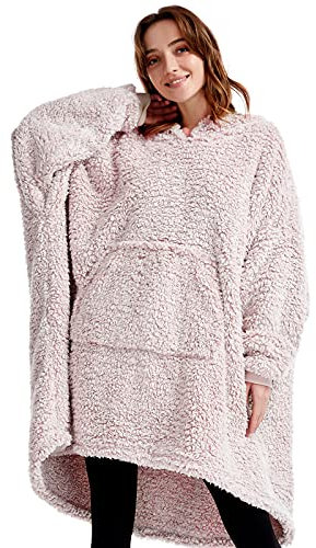 Cozy Sherpa Wearable Snuggle Blanket Hoodie with Sleeves for Adults Women Men Kids Gift Idea,Oversized Blanket Sweatshirt.Super Warm Light Weight,Pink