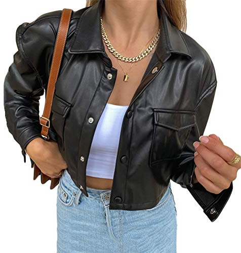 ORANDESIGNE Blusa Negra de Piel Sintética con Botones Camisa de Manga Larga para Mujer Color Liso Chaquetas de Cuero Sintético Vintage B Negro M