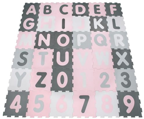 Paco Home Puzzlematte Spielmatte Schaumstoffmatte Baby Kinder Matte rutschfest Zahlen Buchstaben Pastell 36 Teile, Grösse:32x32 cm x 36 STK., Farbe:Pink