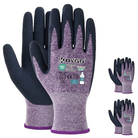 KAYGO Work Gloves for Women KGE19L Eco Friendly Gloves with Breathable Rubber Coated, 3 Pairs,Small,Purple