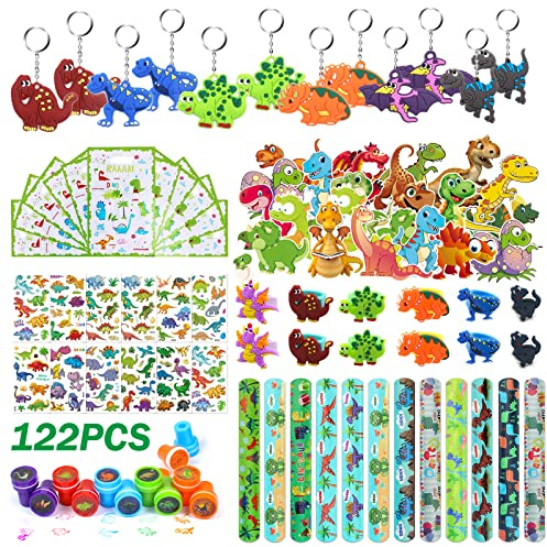 122pcs Dinosaurier Party Mitgebsel Kindergeburtstag Jungen, Dino Geburtstag Deko Schlüsselanhänger Dino Armbänder Ringe Aufkleber Tattoo, Dino Mitgebsel Geschenktüte Taschen für Party Zubehör Deko