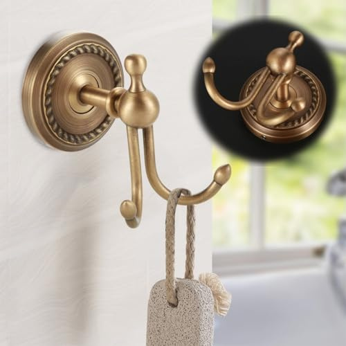 Tissting Handtuchhaken, Antike Gebürstete Messing Wandhalterung Doppelt 8,5x7 cm mit Montageset für Badezimmer Schlafzimmer Garderobe