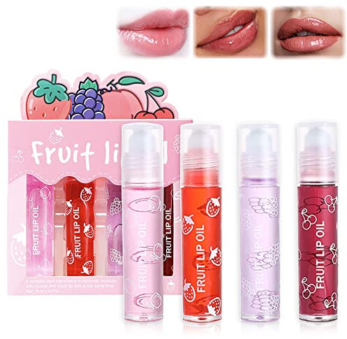Roll On Lip Gloss, 4 Pièces Brillants à Lèvres Aromatisés aux Fruits, Huile À Lèvres Transparente Incolore, Soin Des Lèvres Et Garde Les Lèvres Hydratées