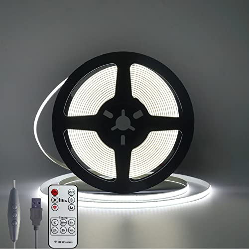 Wisada Dimmbar COB LED Streifen 2m, USB 5V 320LEDs/m Flexibler LED Lichtband Kaltweiß COB Nicht Wasserdichte LED TV Hintergrundbeleuchtung Lichterketten mit RF Fernbedienung für Schrankbeleuchtung