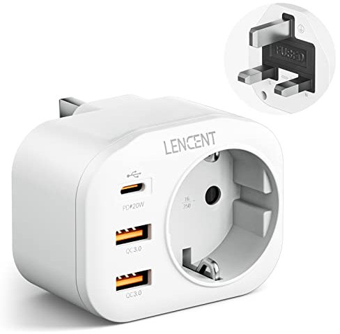 LENCENT Reiseadapter Netzadapter UK Adapter England Deutschland Stecker, mit 2 USB QC3,0 + 1 Typ-C PD Anschlüße, Typ G Reisestecker Stromadapter für Großbritannien Irland Steckdose